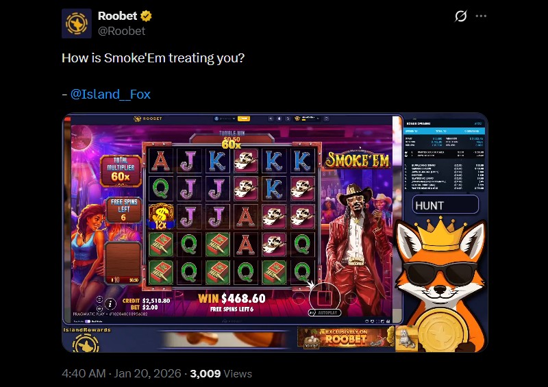 Twitter Island Fox Smokin Slots at Roobet